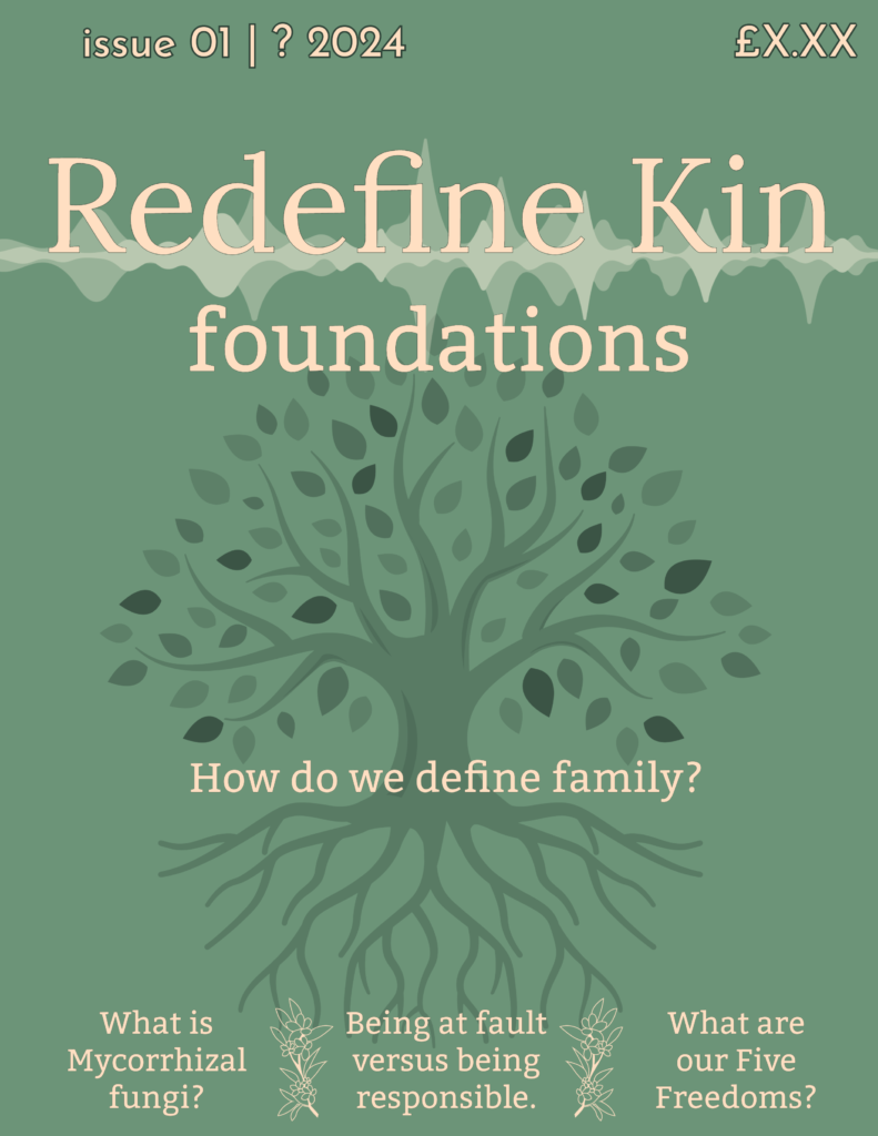 Tentative cover for Issue 1 (Foundations) of the Redefine Kin Magazine.  Proposed article titles include: How do we define family; What is Mycorrhizal fungi; Being at fault versus being responsible; What are our Five Freedoms? 